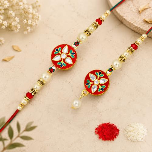 Image of Riddhika Ventures Glorious Gold Plated Religious Diamond Ring Rakhi || Traditional Rakhi Set of 2 & Festive Gift || Rakhi Gift Combo for Bhaiya Bhabhi