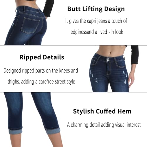 Women's Capri Pants Skinny Stretchy Ripped High Waisted Cuffed Denim Jeans2