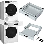 Kit di Congiunzione per Lavatrice e Asciugatrice, Supporto Universale di Sovrapposizione Salvaspazio, con Cassetto Estraibile, Cinghia di Sicurezza e Adesivi Antiscivolo, Telaio per Accatastamento