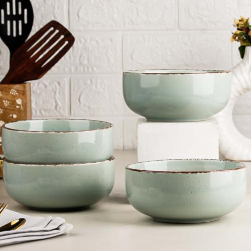 Image of The Earth Store Glossy Mint Marble 580ml Each Ceramic Bowls Set of 4 for Serving Snacks, Pasta, Noodle, Maggi, Cereal Microwave Safe Bowl Set | Perfect for Gifting, Daily Use