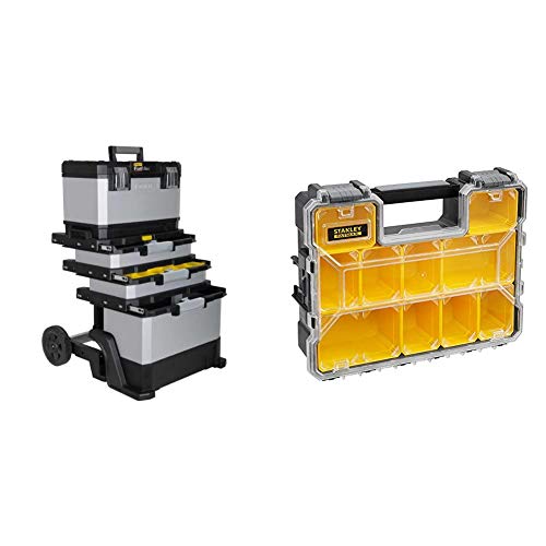 Stanley FatMax Rollende Werkstatt aus Metall-Kunststoff 1-95-622 – Werkzeugwagen leer & FatMax Aufbewahrungsbox (45 x 12 x 36 cm, Tiefe Fächer, stabile Kunststoffschließen, herausnehmbare Boxen)
