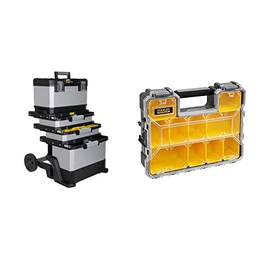 Stanley FatMax Rollende Werkstatt aus Metall-Kunststoff 1-95-622 – Werkzeugwagen leer & FatMax Aufbewahrungsbox (45 x 12 x 36 cm, Tiefe Fächer, stabile Kunststoffschließen, herausnehmbare Boxen)