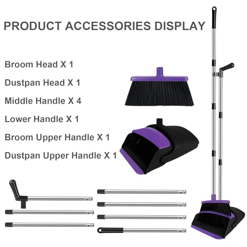 Image of UDUK Broom with Dustpan Combo Set, 51 inch Household Dustpans and Broom, Standing Dust Pan Set for Home, Purple Cleaning Set for Kitchen Lobby Indoor Outdoor