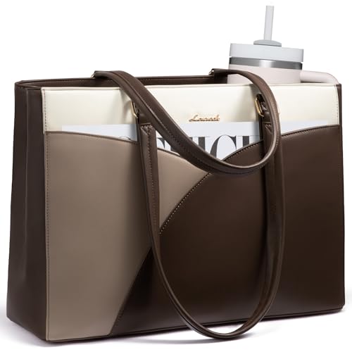 LOVEVOOK Laptop Bag for Women,15.6 Inch Work Teacher Bags Leather Tote Bag for Women Briefcase for Women Waterproof Computer Bag for Women，White Chestnut Curry