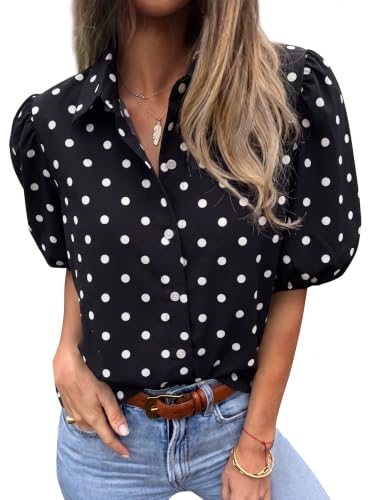Image of Tankaneo Womens Button Down Shirts Puff Sleeve Tops Summer Cotton Blouses | Loose Fit, Boxy, Dressy Casual, Collared, Short Sleeve, Solid Color, Striped, Plaid, Polka Dots