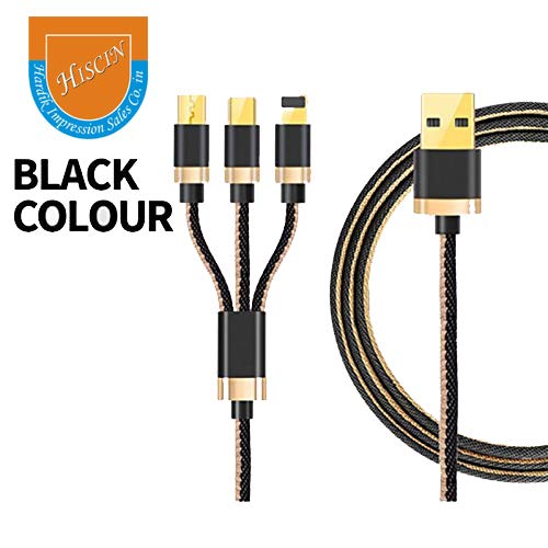 Image of MKU3I1 3 Amp 3 in 1 Nylon Braided Multi Charging Cable Multiple USB Phone Charger Cord Type C /Micro USB & iOS Connector (Black with Golden)
