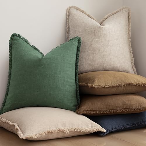 Image of Foindtower Set of 2 Decorative Linen Fringe Throw Pillow Covers Cozy Boho Farmhouse Cushion Cover with Tassels Soft Accent Pillowcase for Couch Sofa Bed Living Room Home Decor, 16x16 Inch, Pine Green