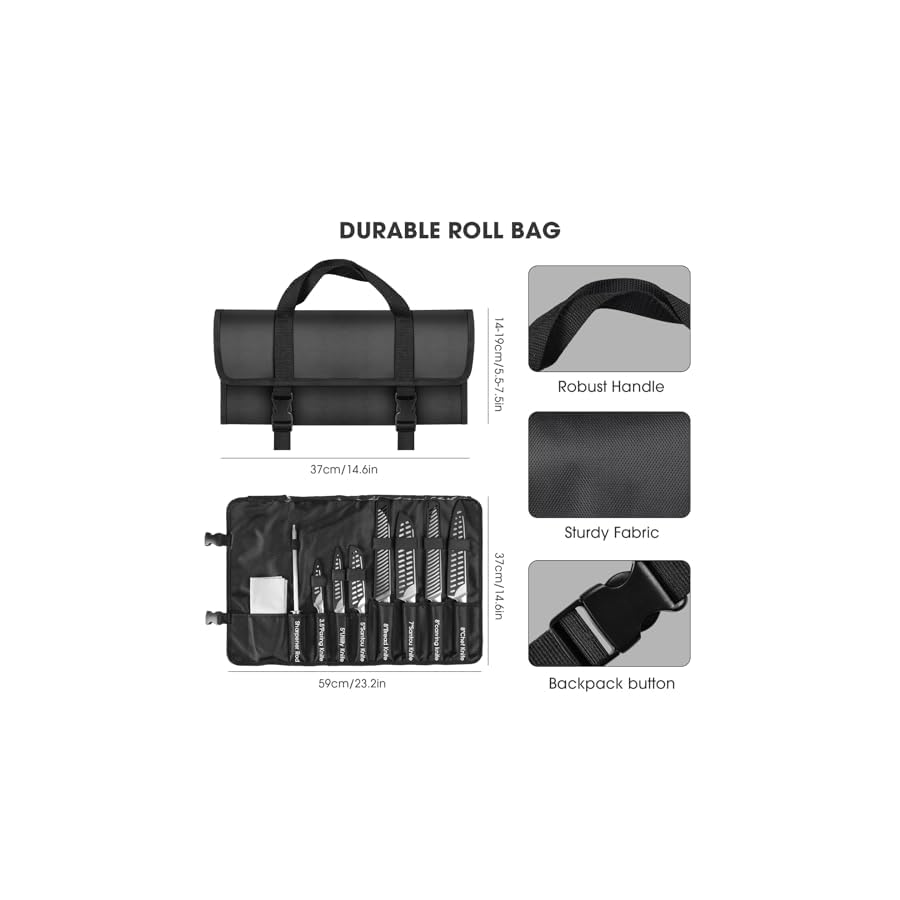 MOSFiATA Kitchen Knife Set, 12 Pcs Japanese Stainless Steel Knife Sets for Kitchen with Oxford cloth storage bag with Knife Sharpening Rod, Dishwasher Safe, For Outdoor