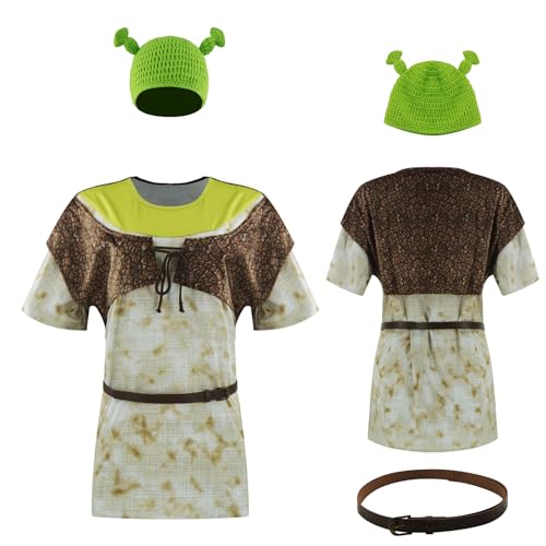 AYYOHON Green Ogre Costume Leather Vest Ears Hat Set Sublimated Halloween T Shirt Knitted Ears Beanie Adult Cosplay Outfits S