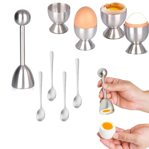 LQUCWEPP - Lqucwepp 9PCS Stainless Egg Cracker Topper Set,Perfect Egg Opener,Includes 1Pc Egg Opener, 4PCS Egg Trays, 4PCS Spoons for Perfect Soft Boiled Eggs、raw Hard Boiled Eggs