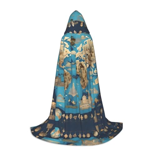 Cape à capuche carte du monde longue pour bal masqué et cosplay