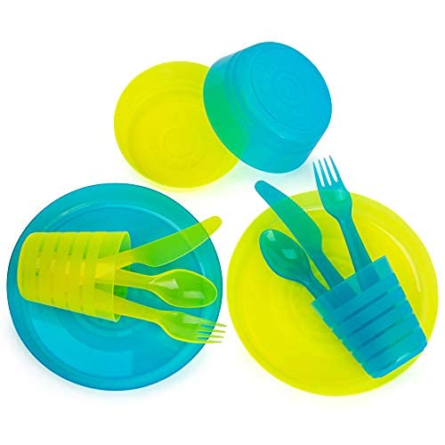 Dinnerware Set For 4 | Kids Dishes Set Include Plastic Cups, Plates, Bowls, Flatware Set | Rainbow Colours For Kids Party Indoor And Camping | Reusable And Microwave Safe #TOP3