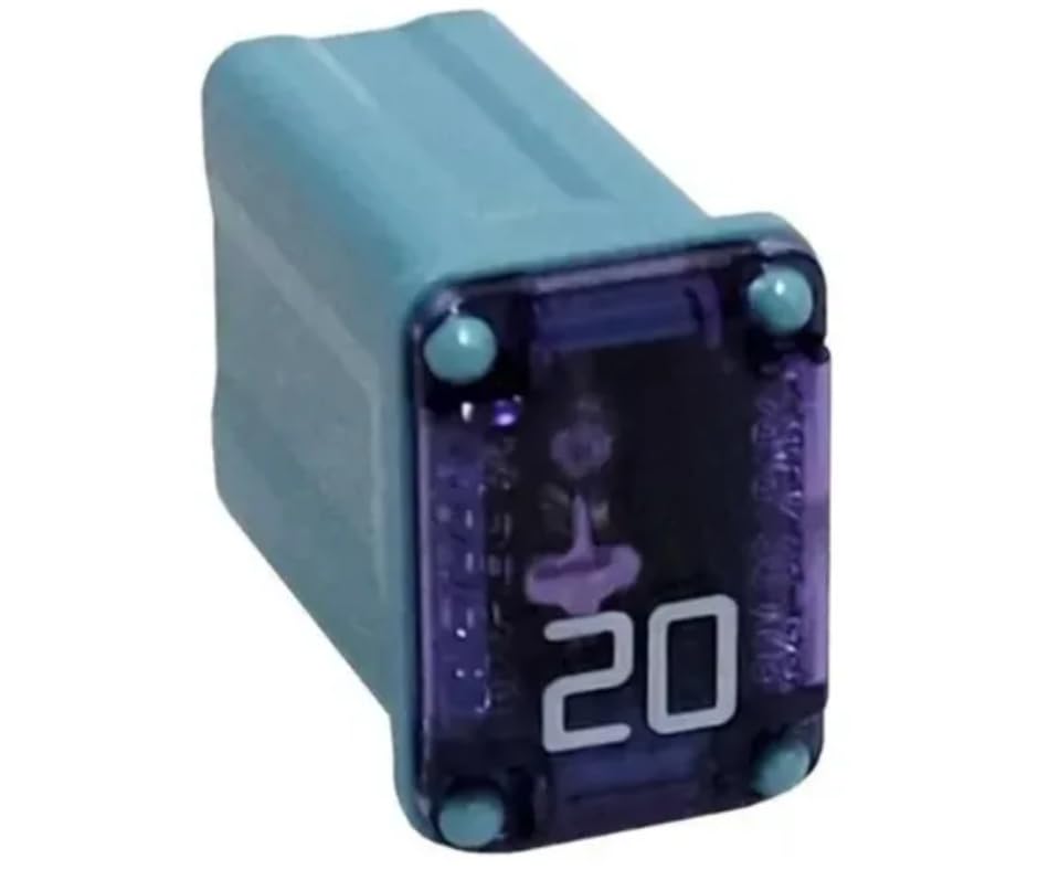 Side view of a Generic Mini Maxi 20 Ampere Automotive Fuse, showing the two metal blade contacts extending from the aqua green body.