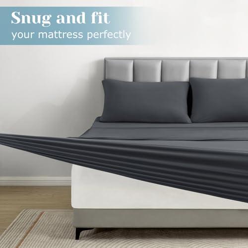 BYSURE Jersey Knit Twin Sheets Set 4 Pieces, Stretch Super Soft and Wrinkle-Free Bed Sheets, Spandex Blend with 14-inch Deep Pocket, Dark Grey — view 5