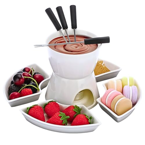 HomeZone Ceramic 10 Piece Fondue Set - Temperature Resistant Black Silver Non-Toxic 2 Fondue Burner with Stainless-Steel 4 Forks and 4 Dipping Dishes - Kitchen Cookware Set for Cheese and Chocolate