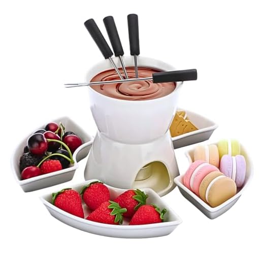 homezone 10 pièces blanc céramique Bougie FROMAGE / Ensemble de chocolat fondu avec 4 plats de service et acier inoxydable fourchettes. Micro-Ondes et lave-vaisselle