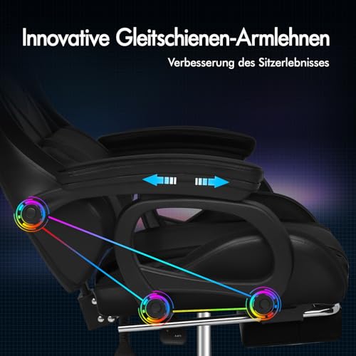 ALFORDSON Gaming Stuhl, Racing Gamer Stuhl mit LED RGB Beleuchtung, Massaging Computersessel mit Fußstütze, Ergonomischer Drehstuhl mit hebelbetätigter Rückenlehne, Schwarz – Bild 6