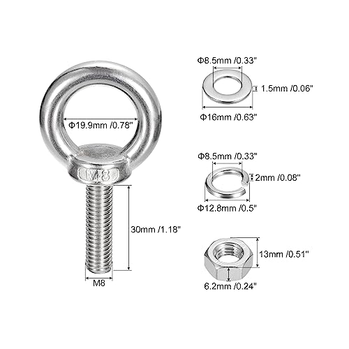 Image of uxcell Lifting Eye Bolt, 6 Sets M8x30mm Eye Bolt with Nut Washer 304 Stainless Steel Shoulder Lifting Ring Eye Bolt for Hanging Item