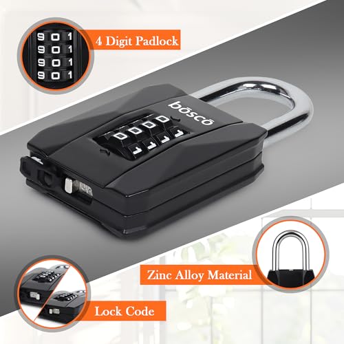 Image of BOSCO Heavy Duty Combination Padlock for Door, Gate, Gym Locker, Main Gate - Keyless Number Lock with Adjustable Shackle - Strong Security Lock for Indoor & Outdoor Use (Black, 1 Pack)