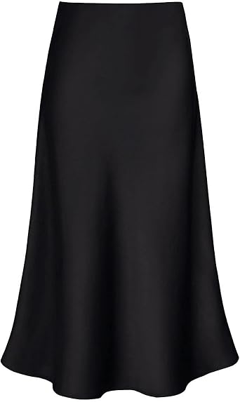 Modegal Womens Satin High Waist Hidden Elasticized Waistband Flared Casual A Line Midi Skirt