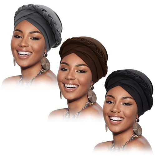 Image of DRESHOW Turban Pre-Tied Twisted Hat Thread African Head Wraps for Black Women Chemo Cancer Cap Braid Hair Cover