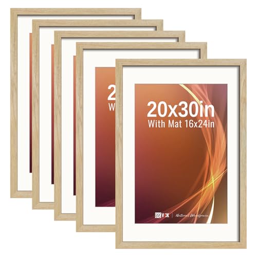 Image of VCK 20x30 Poster Frame 5 Pack, Natural Wood, 16x24 Mat, for Gallery Wall