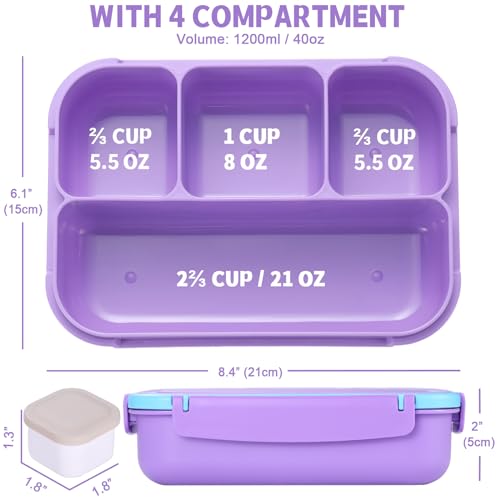 Image of shell and turtle Bento Box for Kids Girls Boys, Bento Box Adult Lunch Box with 4 Compartments, Lunch Containers with Utensils, Sauce Jar, Muffin Liners for School, 40 Oz /5 Cup, Purple