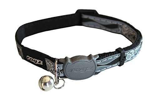 Rogz Reflective Cat Collar with Breakaway Clip and Removable Bell, fully adjustable to fit most breeds, Black Paw Design