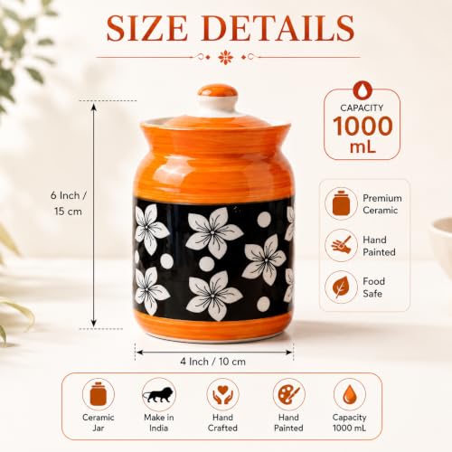 Image of D'Maiolica Ceramic Handmade Pickle Jars in 1000ml (set of 2) | Floral Bale 1 kg Achaar Martban | Ceramic Jadi for Kitchen Storage (Set of 2) | Jars for Achar, Spices, Salt (Floral Citrus Bloom)