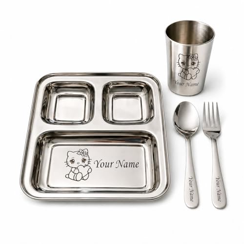 Image of SAVRI Personalized Stainless Steel Mealtime Printed Dish - Customized Gift for Boy, Baby Girl - Name and Favorite Character Engraved - Ideal for Birthday Gifting - 4 Pcs (1 Set)