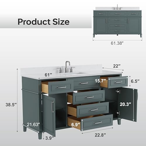DELUXE LIVING 60 Inch Bathroom Vanity with Sink, Single Sink Bathroom Vanity with Adjustable Feets, Modern Bathroom Storage Cabinet with Soft Closing Doors & Dovetail Drawers, Green - Thumbnail 2