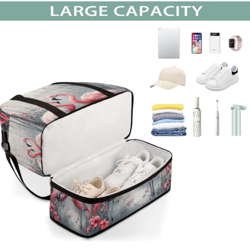 Sports Gym Bag Retro Flower Flamingo Large Travel Duffel Bag With Shoe Compartment Foldable Waterproof Carry-On Weekend Travel Bags for Camping Overnight Yoga Hospital Travel Bags4