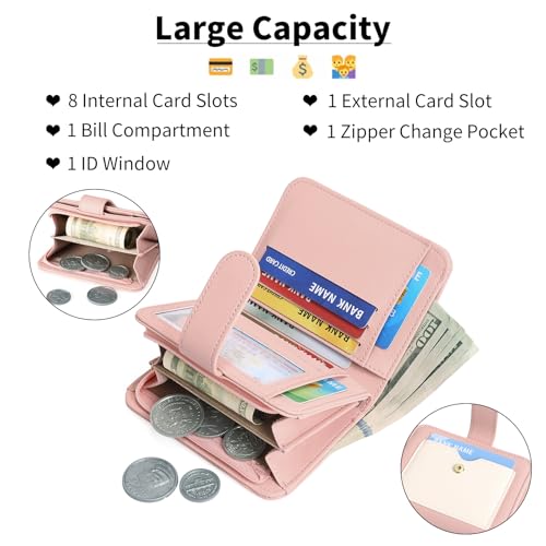 Image of GOIACII Small Wallet for Women RFID Blocking Bifold Wallets Ladies Card Holder Coin Zipper Pocket Pink