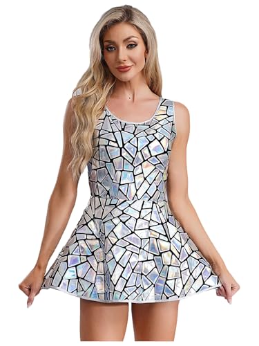 Monduelle Vestido metálico para mujer, disfraz de extranjero, sin mangas, astronauta, con espejo, vestido de patinador, minivestido de fiesta Rave GOGO, plata, S