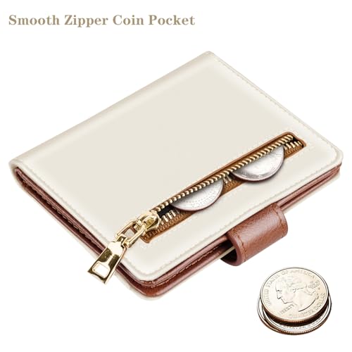 Image of Small Wallets for Women Slim Minimalist Bifold Credit Card Holder | Compact Zipper Coin Purse for Ladies RFID Blocking Mini Travel PU Leather Card Case Gifts for Mom, Brown & Cream