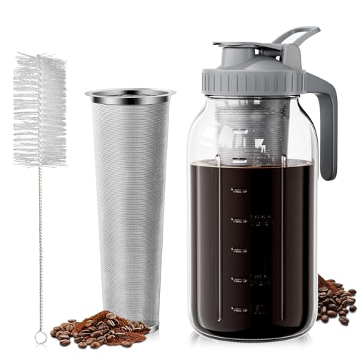 VA1KENE Cold Brew Coffee Maker 64oz - Iced Coffee Maker With Stainless Steel Filter, Mason Jar Pitcher With Lid and Spout (Grey)