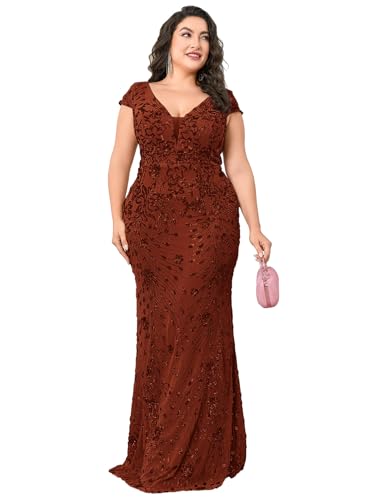 Image of Plus Size Womens Sequined Long Evening Gown Glamous Sleeveless V-Neck Mermaid Prom Dress for Wedding Party