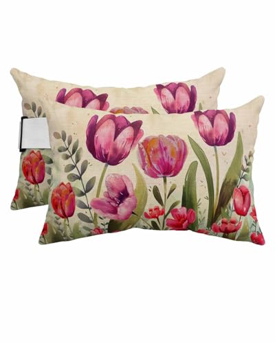 Outdoor Pillows Covers with Inserts Red and Pink Tulip Watercolor Floral Retro Linen Waterproof Pillow with Adjustable Strap Throw Pillows for Patio Furniture Pool Lounge Chair, 12x20 Inch, 2PCS