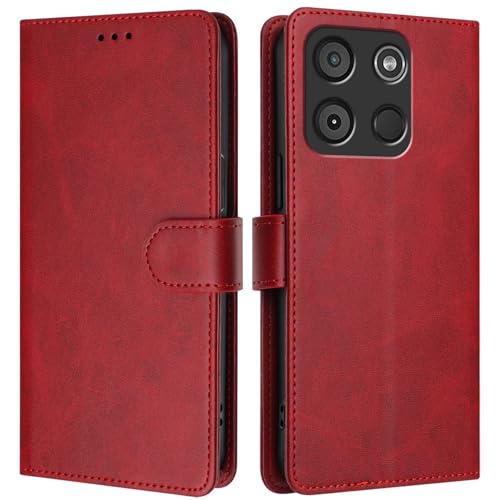 LMFULM® Hülle für Itel A60 / A60s (6,6 Zoll) PU Leder Hülle Brieftasche Lederhülle Magnetverschluss Handytasche Stand Ledertasche Flip Cover Holster Rot
