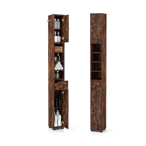 COSTWAY Meuble de Rangement Salle de Bain, Meuble Colonne avec 2 Placards à Porte, 1 Tiroir et 6 Étagères Réglables, Armoire de Toilette, 20 x 20 x 180 cm...