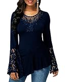 ORANDESIGNE Damen V-Ausschnitt Langarmshirt Tunika Bluse Obertail T-Shirt mit Rüschen B Dunkelblau 50