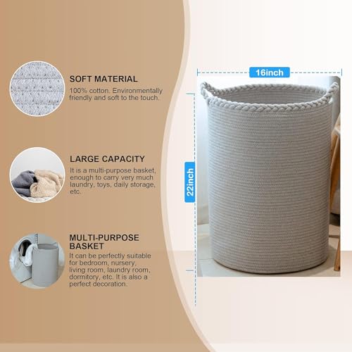 Image of ALBY Woven,Tall Wicker Laundry Basket for Blankets,Clothes,Pillows,Toys,Shoes Large Cotton Laundry Hamper for Bedroom Living Room Bathroom Nursery (72L /Extra Large16 inchD x 22 inchH, PURE GREY)