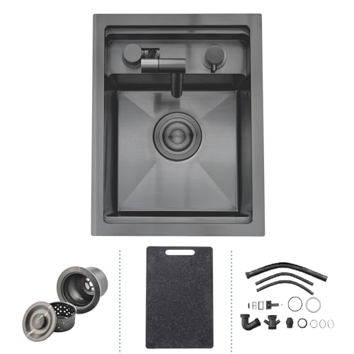 Évier de Bar de Cuisine Dissimulé avec Robinet Pliable, 30 x 45 cm Évier de Cuisine Noir 1 Bac, Camping Car en Acier Inoxydable à Encastrer Sous Plan avec Trop-Plein, Siphon, Planche à Découper