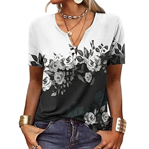 Camiseta feminina de manga curta com estampa de flores, túnica casual, ajuste solto, gola de botão,