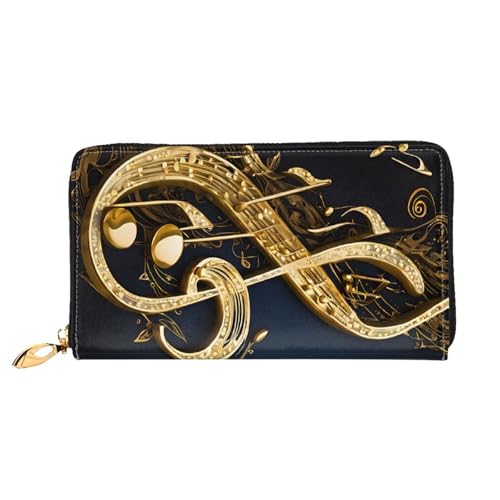 (Gold Musical Note with Fallen Shiny Star) Faux Leather Wallet Long Clutch Zipper Purse Card Holder Travel Coins Cash Organizer Phone Pocket 7.48 x 4.13 x 0.9 inches