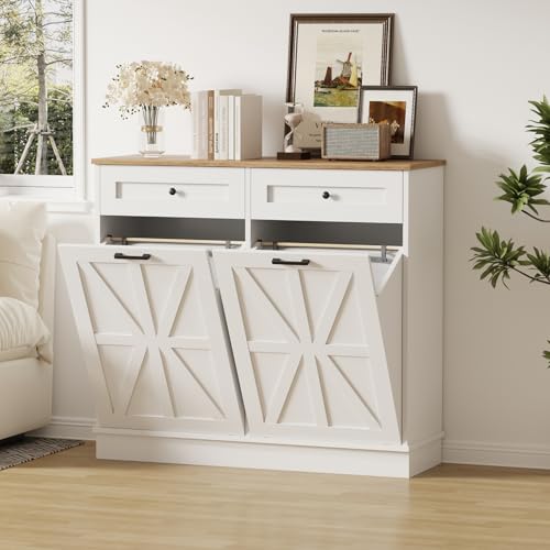 Image of Double Tilt Out Trash Cabinet 20 Gallon,Dual Kitchen Wood Trash Can with Hideaway Drawers,Hidden Pet-Proof Garbage Can Laundry Hamper for Kitchen, Dining, Living Room