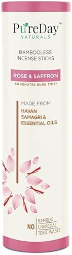 PureDay Naturals Bambooless Incense Sticks - 40 Dhoop Agarbattis - Rose&Saffron - Made from Havan Samagri, Non Toxic, Charcoal-Free - Restore The Sense of Harmony