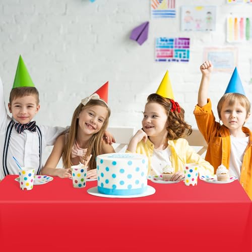 Image of tujol Red Disposable Plastic Table Cloth Roll 54 inch X 100', Plastic Table Cover with Cutter Box, Cut to Size Disposable Tablecloth for Parties