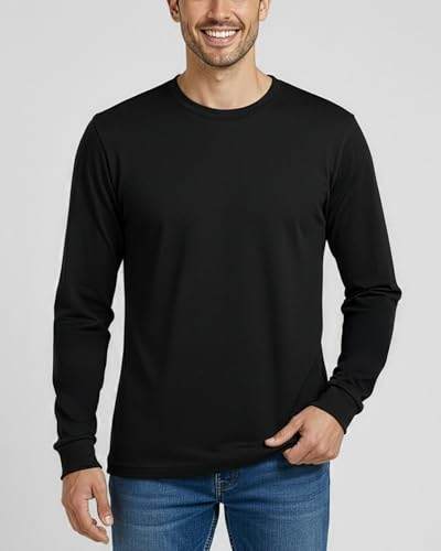 Image of Real Essentials 4 Pack: Men's Cotton Long Sleeve Crew Neck T-Shirt - Soft Work Casual Jersey Tees