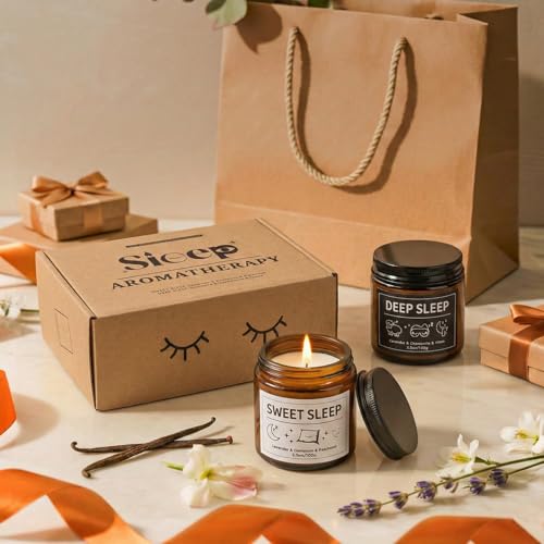 Duftkerzen Geschenke für Frauen, 6 Stück Schlafkerzengeschenkset gegen Angst, Lavendel fördert Schlaf, Kamille lindert Stress, natürliches Sojawachs zur Entspannung, Geburtstagsgeschenke für sie